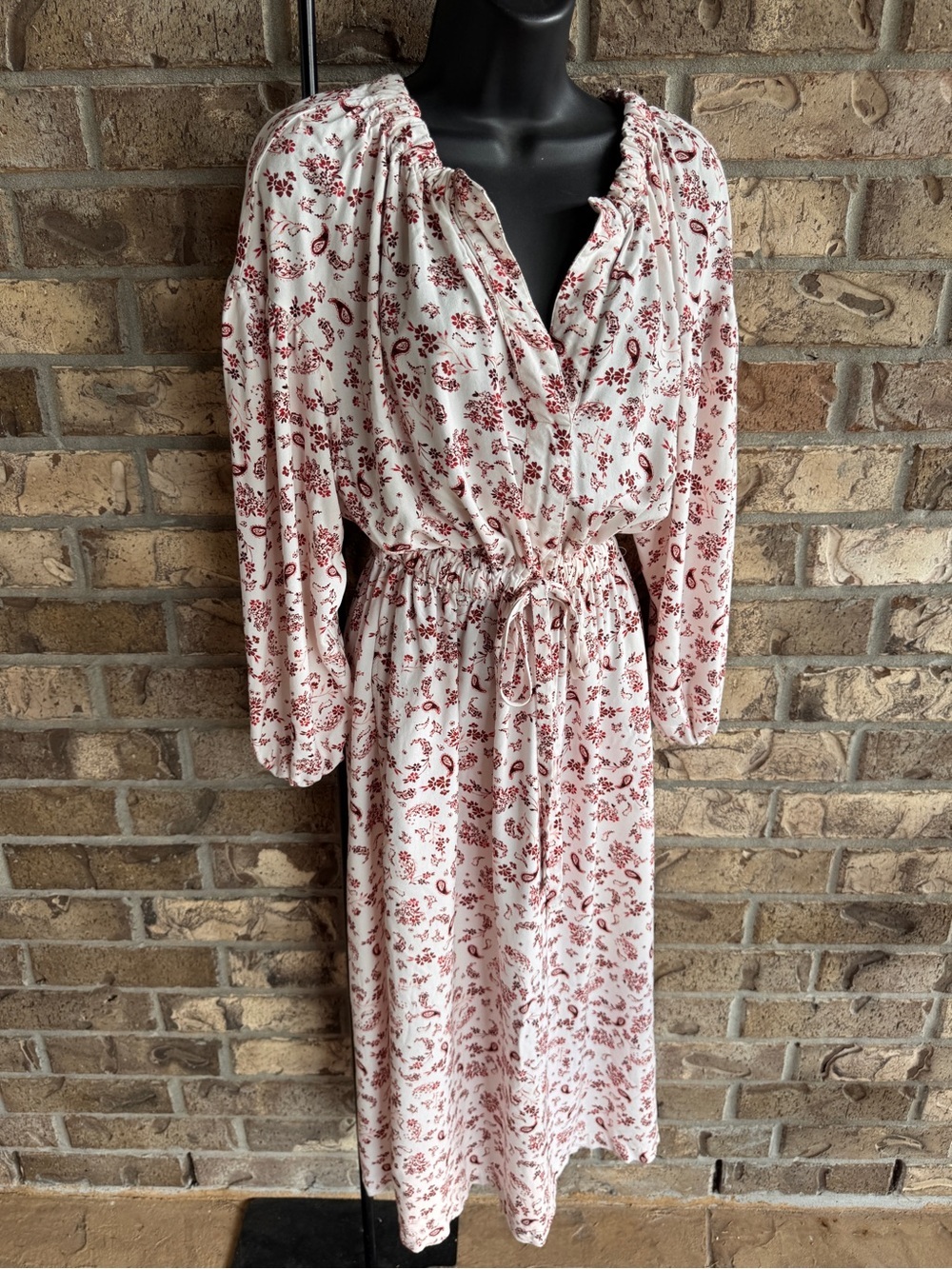 Xirena Salma Cinch Midi Dress S Cream Red Paisley Long Sleeve Rayon Boho - Picture 5 of 14